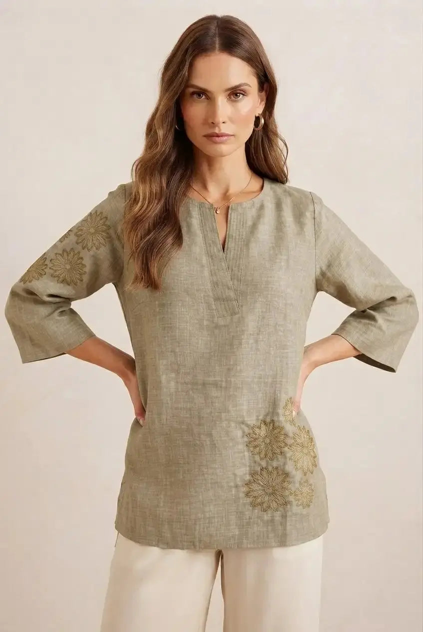 Olive Green Embroidered Short Kurti – Front Close-Up | Gold Floral Embroidery | Kalyanja