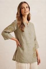 Olive Green Linen Cotton Short Kurti – Front View Smiling | Kalyanja