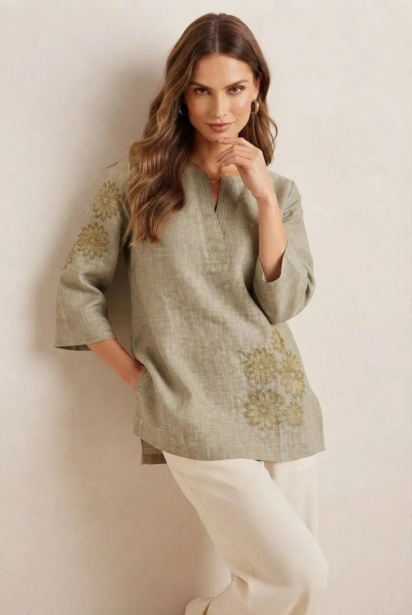 Olive Green Embroidered Short Kurti – Front Leaning Pose | V-Neck 3/4 Sleeve | Kalyanja