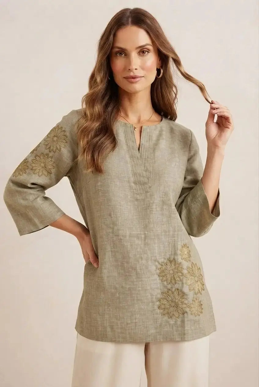 Olive Green Short Kurti with Gold Embroidery – Front Close-Up | Kalyanja