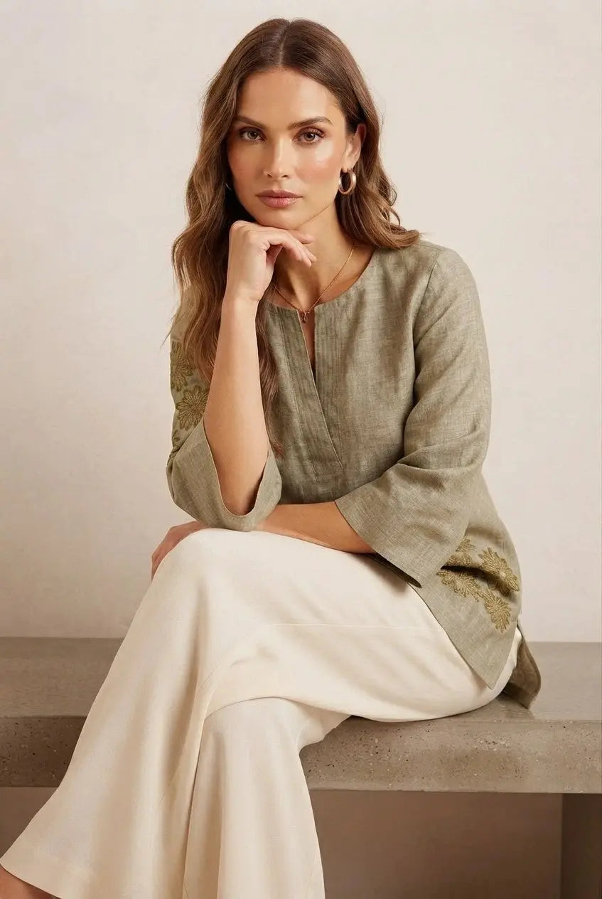 Olive Green Embroidered Short Kurti – Seated Style View | Kalyanja