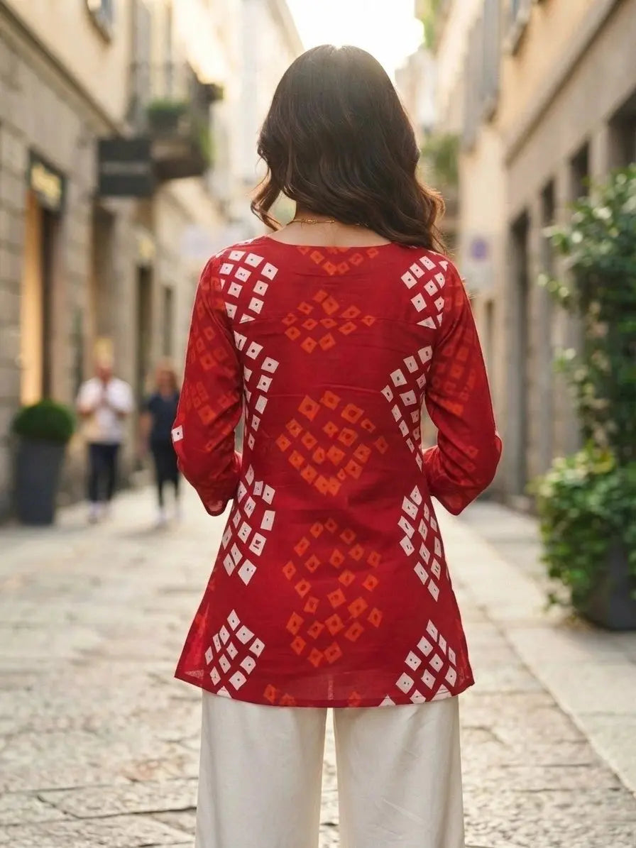 Red Bandhani Print Short Kurti – Back View | Covered Back | Kalyanja