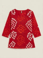 Red Bandhani Print Short Kurti – Flat Lay View | Cotton Blend | Kalyanja