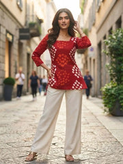 Red Bandhani Print Short Kurti – Full Length Front View | Square Neck 3/4 Sleeve | Kalyanja
