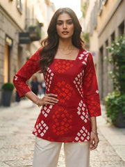 Red Bandhani Print Short Kurti – Front Close-Up | Cotton Blend | Kalyanja