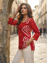 Red Bandhani Print Short Kurti – Front View Leaning Pose | Square Neck Kurti | Kalyanja