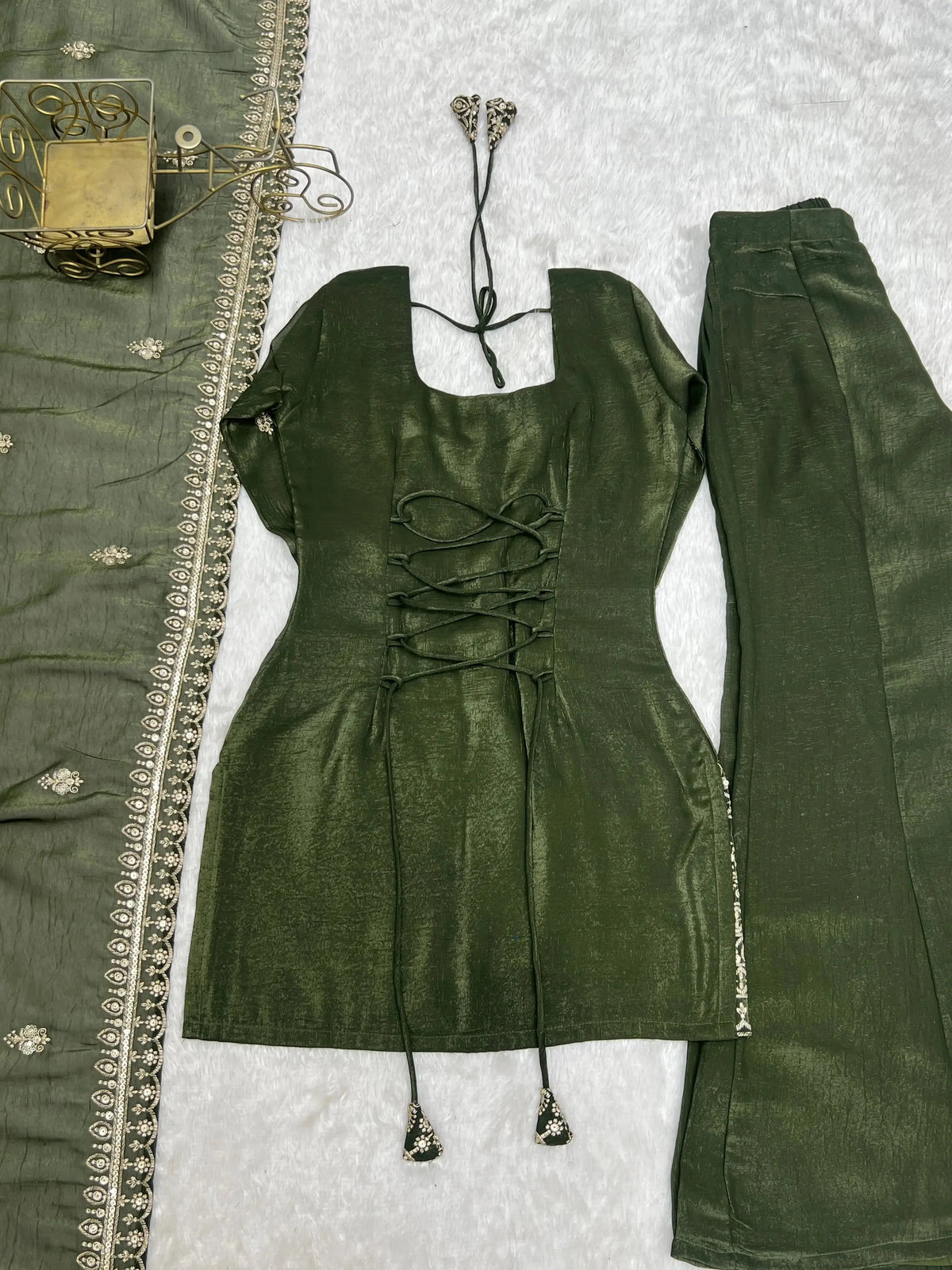 Flat lay of suit top with open dori tie-up back — Olive Green Sequins Embroidered Zari Suit