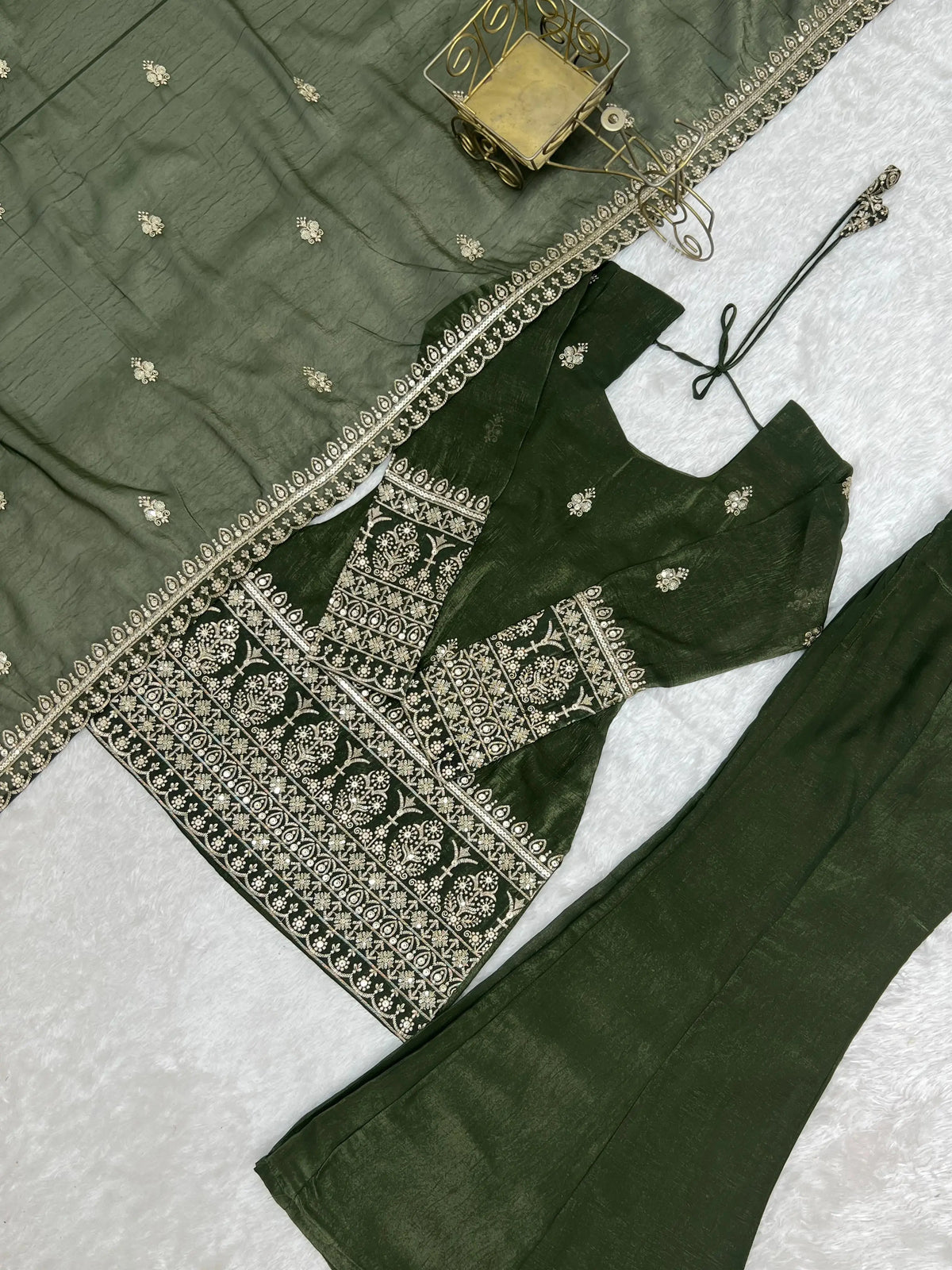 Flat lay of Olive Green Sequins Embroidered Zari Work Suit — full set with pant and dupatta