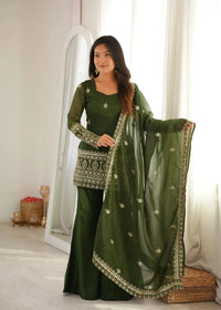 Olive Green Sequins Embroidered Zari Work Suit – Crunchy Silk Blend, Bell Bottom, Festive Wear