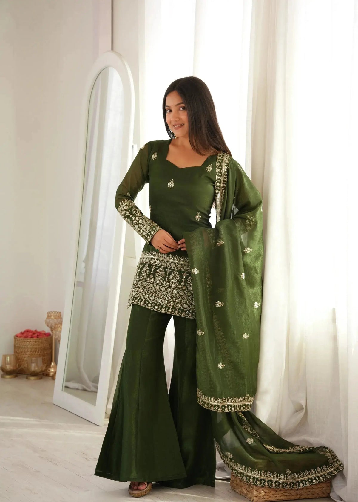 Olive Green Sequins Embroidered Zari Work Suit — full length front model view with mirror