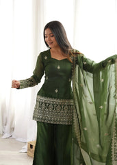 Model view highlighting dense sequin and zari embroidery at hem of Olive Green Suit