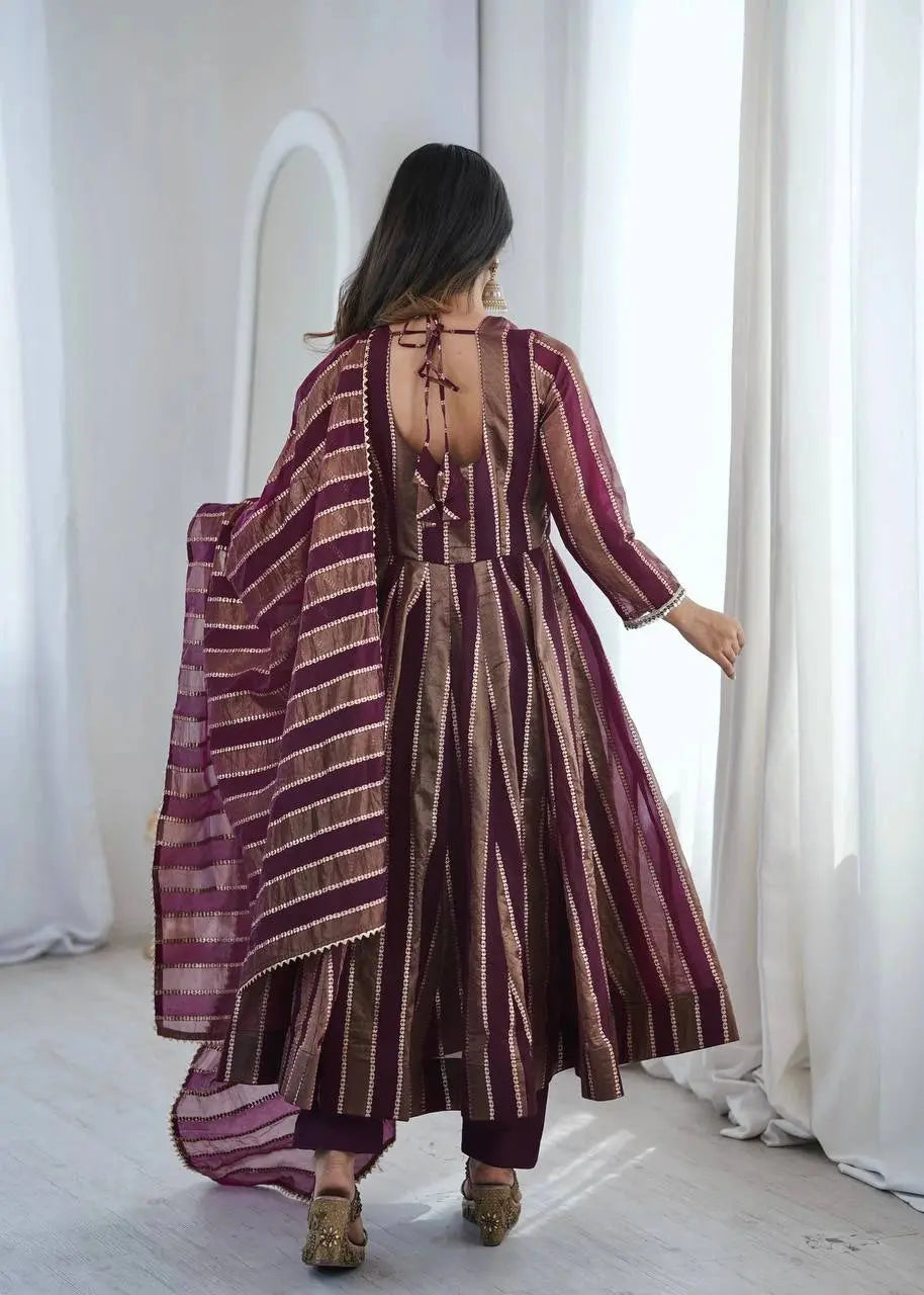 Wine mirror work suit set flat lay with dupatta and straight pants