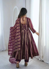 Wine mirror work suit set flat lay with dupatta and straight pants