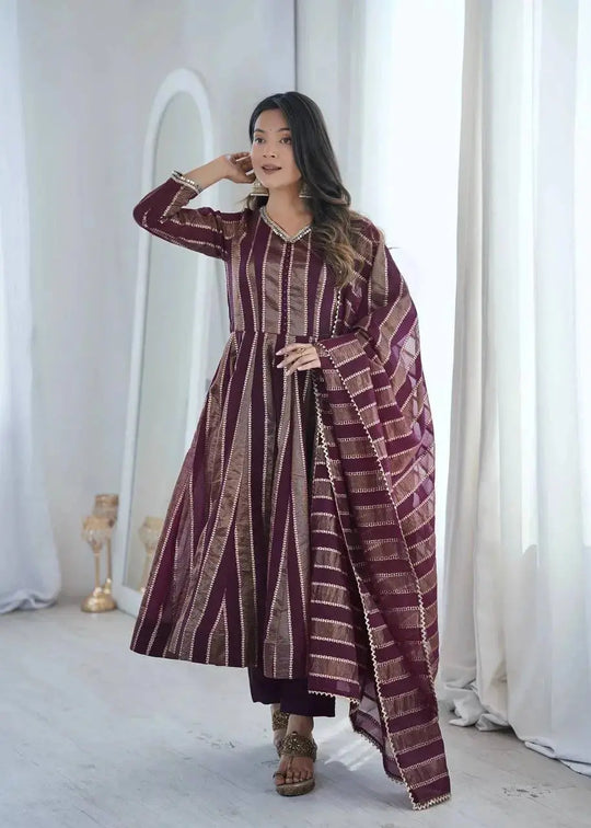 Wine mirror work anarkali suit set with straight pants - front view