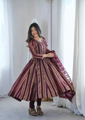 Wine mirror work anarkali suit with dupatta - front twirl look