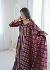 Wine mirror work suit anarkali flare twirl view