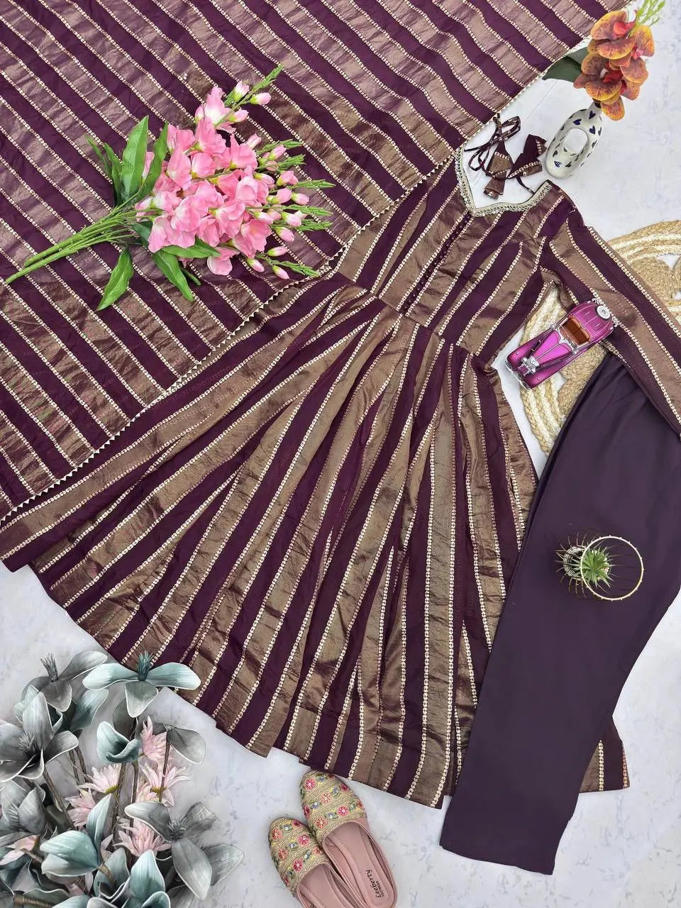 Wine mirror work suit dupatta flowing - side twirl view