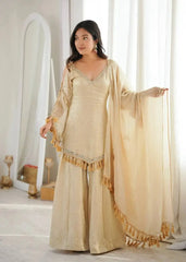 KU212 Beige Mirror Work Suit – Full-length front view by mirror showing V-neck, cold shoulder bell sleeves and Palazzo with tassel border dupatta