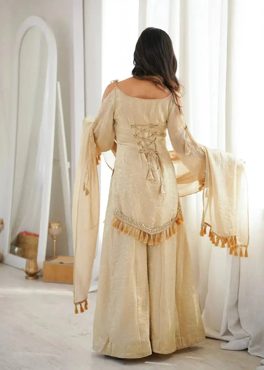 KU212 Beige Doremon Crush Suit – Full-length back view showing dori tie-up back, bell sleeves with tassel cuffs and Palazzo