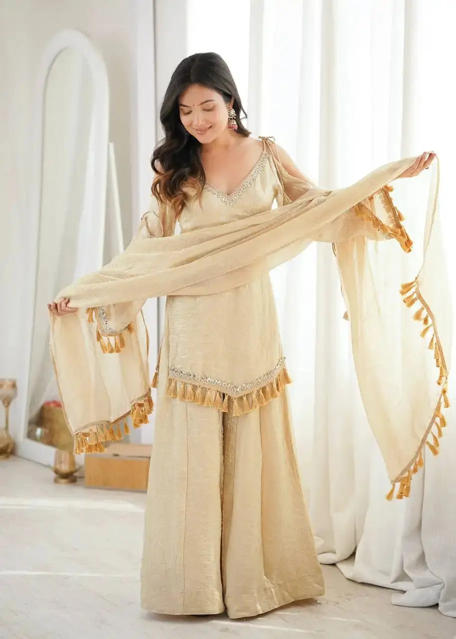 KU212 Beige Mirror Work Suit – Full-length view with dupatta spread open showing tassel border and complete Palazzo set in Doremon Crush