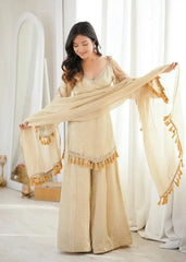 KU212 Beige Mirror Work Suit – Full-length view with dupatta spread open showing tassel border and complete Palazzo set in Doremon Crush
