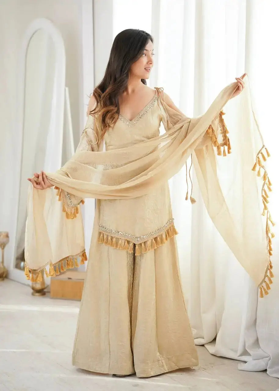 KU212 Beige Mirror Work Suit – Full-length front view with dupatta held wide, showing complete 3-piece set: kurta, Palazzo and dupatta