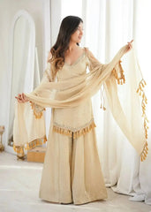 KU212 Beige Mirror Work Suit – Full-length front view with dupatta held wide, showing complete 3-piece set: kurta, Palazzo and dupatta