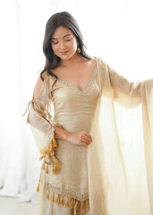 KU212 Beige Doremon Crush Suit – Close portrait with dupatta, highlighting the mirror work V-neckline and bell sleeve tassel detail
