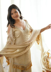 KU212 Beige Mirror Work Suit – Upper body portrait showing V-neck mirror work detail, shoulder straps and cold shoulder bell sleeves