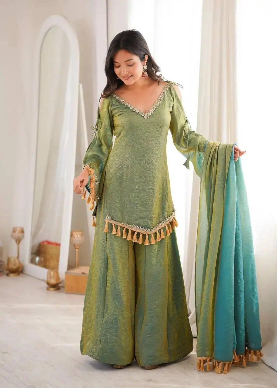 Green Suit – second back view with dupatta and bell sleeve flair