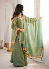 Green Suit – tassel fringe cuffs and dori tie-up detail on bell sleeves
