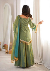 Green Mirror Work Suit – tassel border hem and mirror work hem detail close-up
