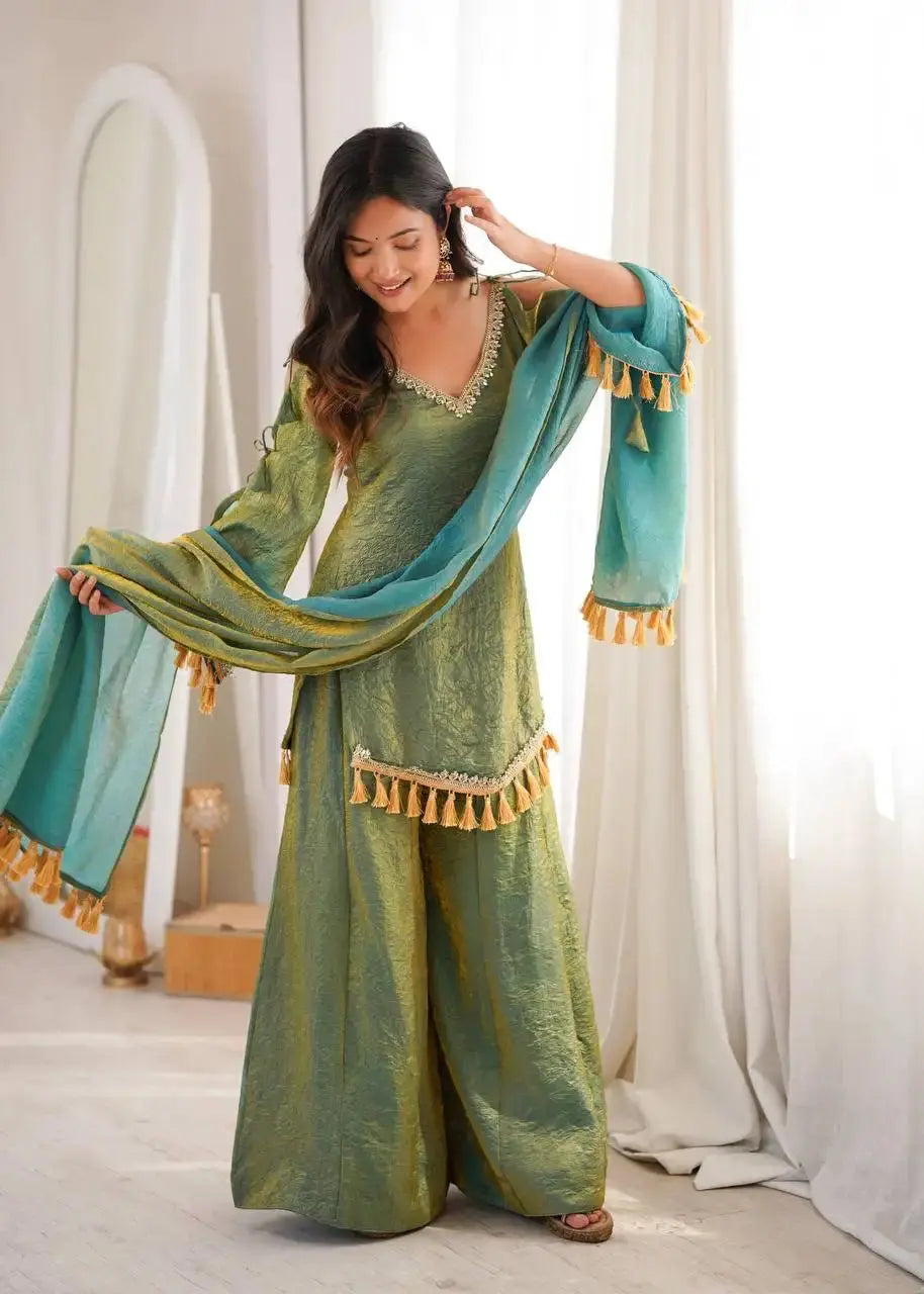 Green Mirror Work Suit – close-up of mirror work detail on V-neckline