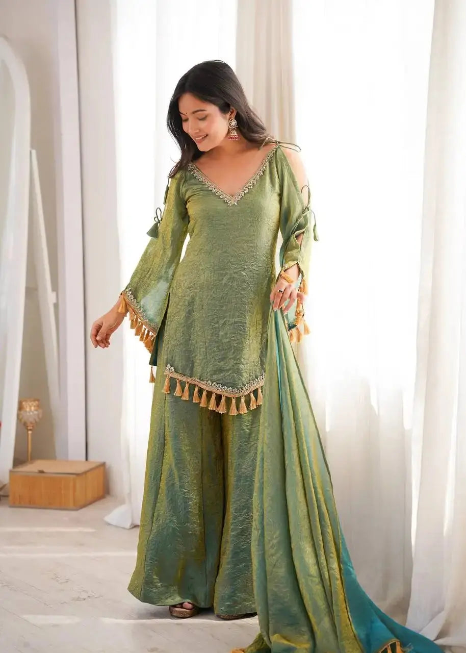 Green Mirror Work Suit flat lay – suit, Palazzo and Tassel Border dupatta