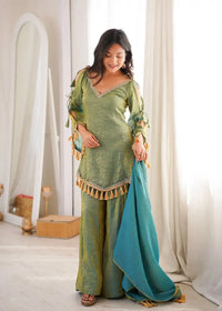 Green Mirror Work Suit – Cold Shoulder Bell Sleeves, Palazzo & Dupatta