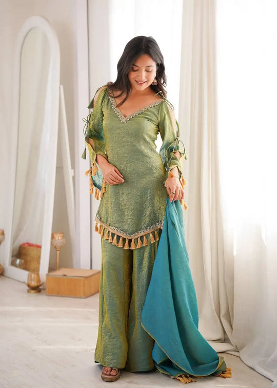 Green Mirror Work Suit – front view, cold shoulder bell sleeves and V-neckline mirror work