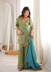 Green Mirror Work Suit – front view, cold shoulder bell sleeves and V-neckline mirror work
