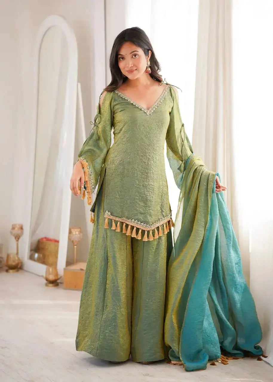 Green Suit – full-length second pose showing bell sleeve flair and Palazzo