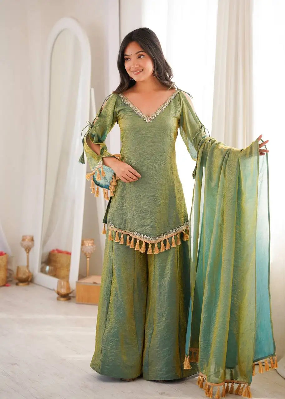 Green Suit – full-length pose highlighting cold shoulder silhouette and Palazzo flow
