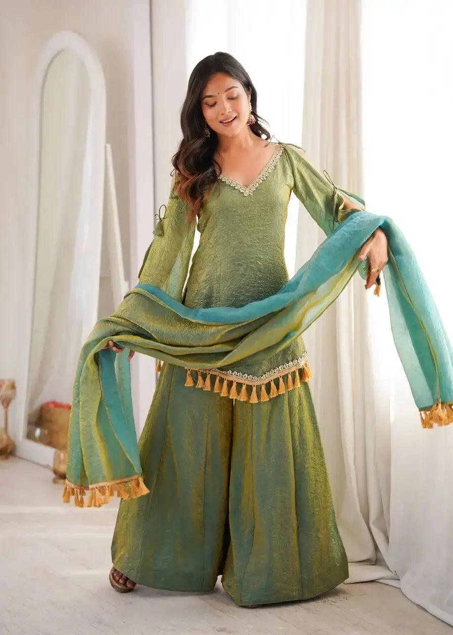 Green Mirror Work Suit – full-length pose with dupatta draped over shoulder