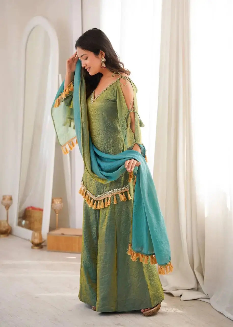 Green Mirror Work Suit – full-length walking pose showing Palazzo movement