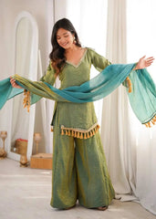 Green Mirror Work Suit – full-length pose showing complete outfit with dupatta