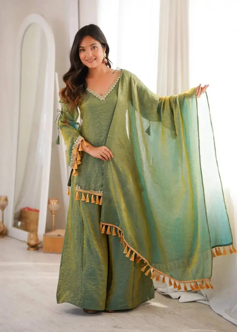 Green Mirror Work Suit – side view showing bell sleeve silhouette and dupatta drape