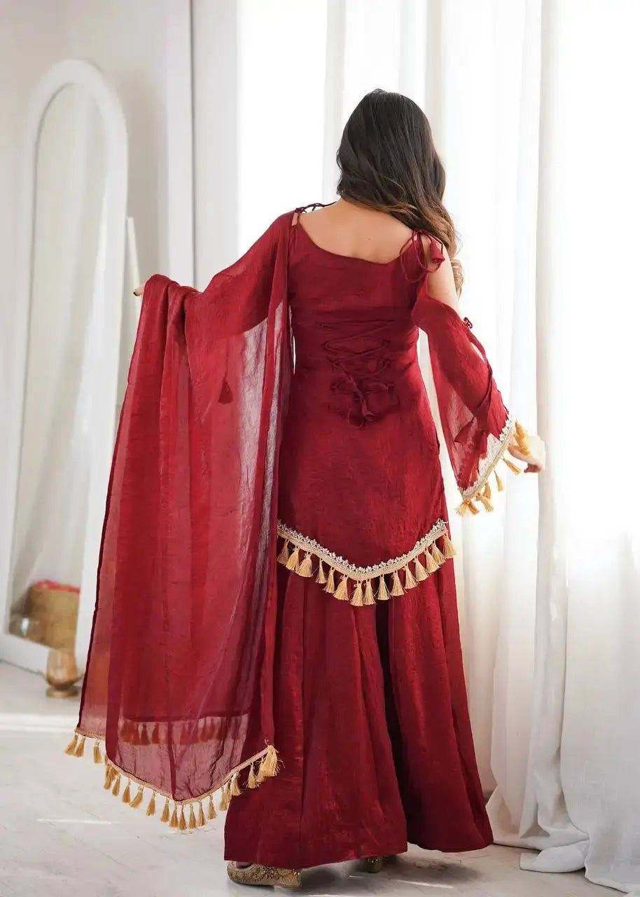 Maroon Suit – second back view with dupatta and bell sleeve flair