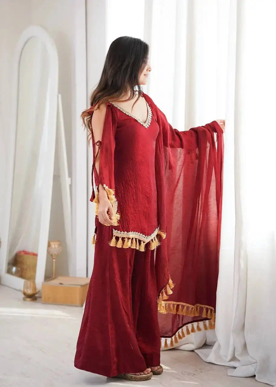 Maroon Mirror Work Suit – close-up of shoulder cold-shoulder strap and sleeve attachment