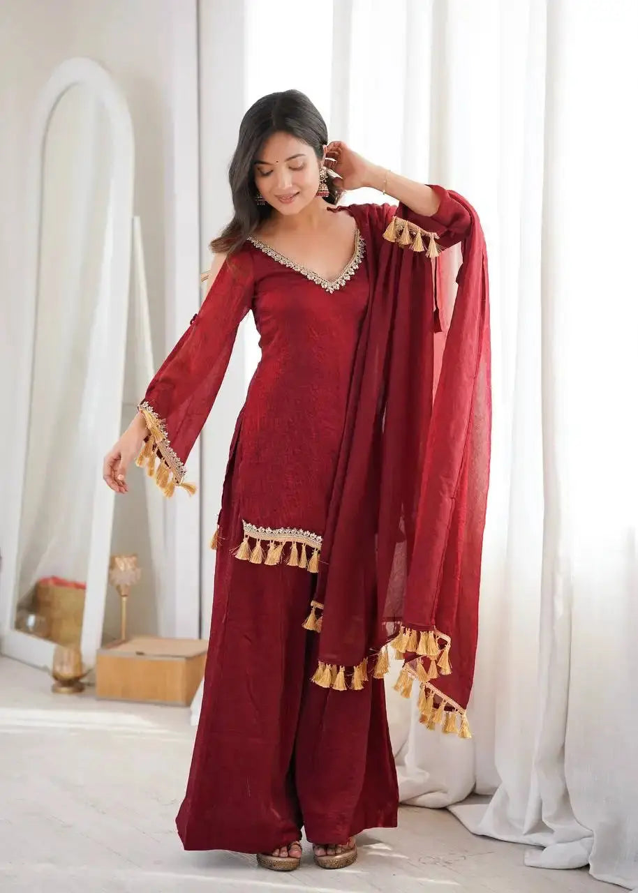 Maroon Mirror Work Suit – tassel border hem and mirror work detail close-up