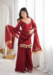 Maroon Mirror Work Suit flat lay – suit, Palazzo and Tassel Border dupatta