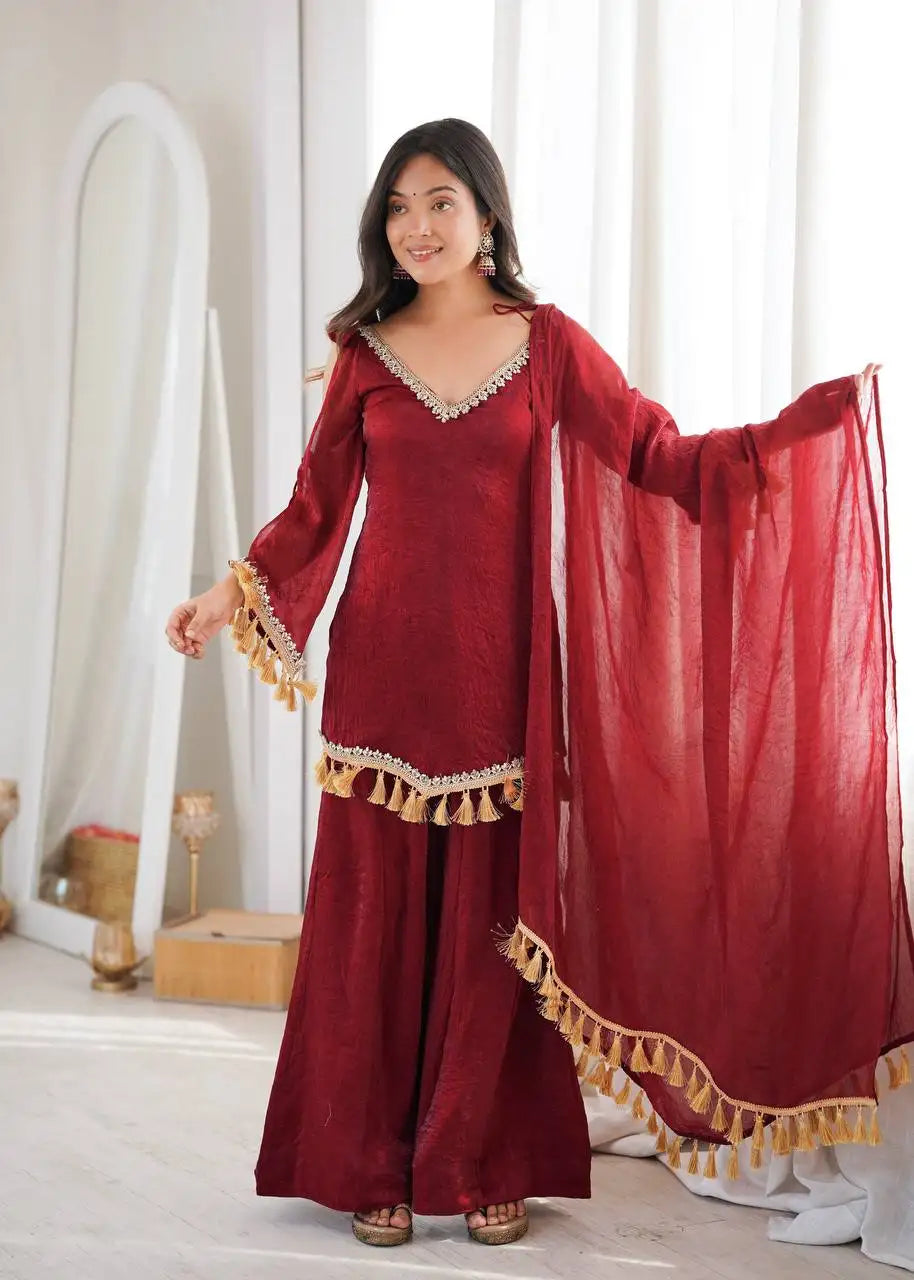 Maroon Mirror Work Suit – front view, cold shoulder bell sleeves and V-neckline mirror work