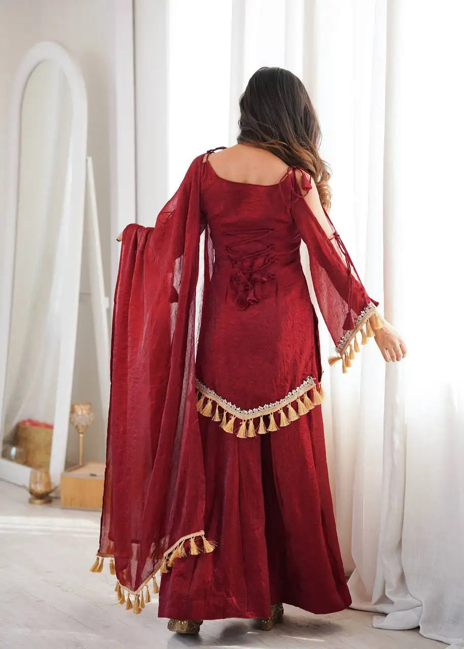Maroon Suit – full-length second pose showing bell sleeve flair and Palazzo