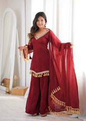 Maroon Mirror Work Suit – third full-length view of complete 3-piece set